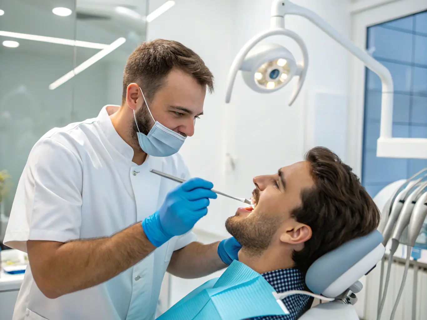 A friendly dentist examining a patient's teeth with modern dental equipment, showcasing a general dentistry service.