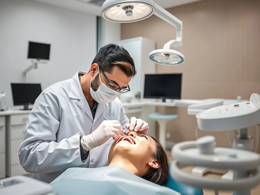 A dentist performing a routine dental cleaning on a patient, using modern tools and equipment in a bright, clean office setting. The patient is smiling comfortably.
