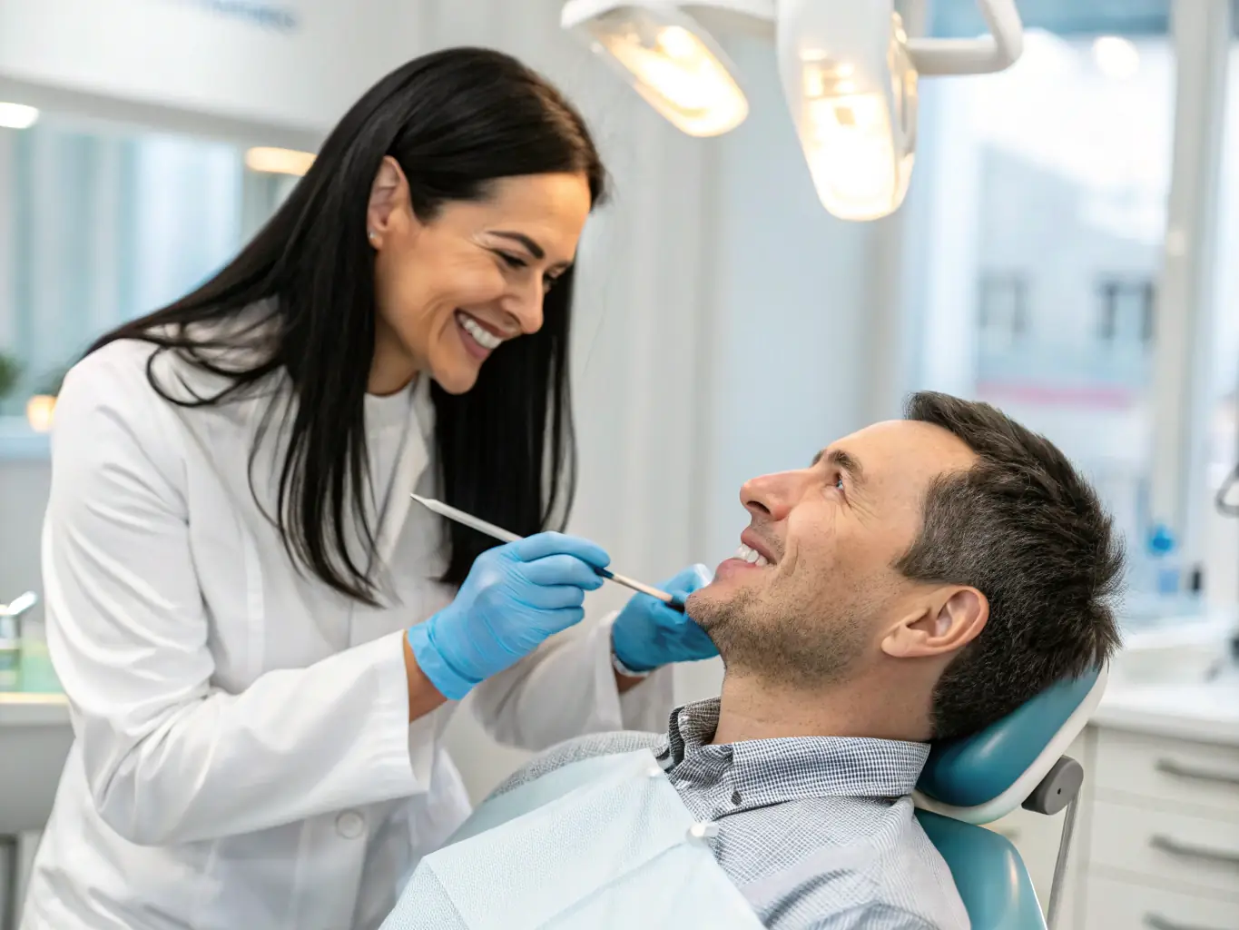 A patient receiving teeth whitening treatment, showcasing a visibly brighter smile. The dentist is carefully applying the whitening solution.