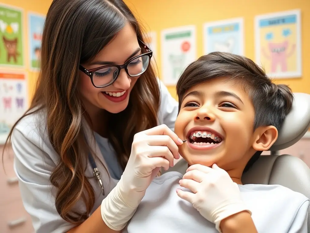 A child smiling with braces, highlighting the process of teeth straightening. The orthodontist is adjusting the braces with precision.